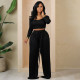 Women's Solid Color Tie-Waist Wide Leg Two-Piece Pants Set