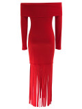 Women's Sexy Off-Shoulder Chic Fringe Bodycon Long Sleeve Evening Gown Dress