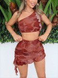 Women's Sexy Fashion Print One-Shoulder Ruffle Mini Skirt Two-Piece Set
