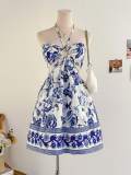 Women's Halter Neck Open Waist Blue and White Floral Print Slim Waist Beach Dress