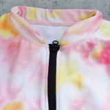 Women Gradient Print Long-Sleeved One-Piece Swimwear Zipper Surfsuit