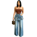 Women's Fashion High-Waist Multi-Pocket Faux Two-Piece Wide Leg Denim Pants