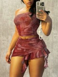 Women's Sexy Fashion Print One-Shoulder Ruffle Mini Skirt Two-Piece Set