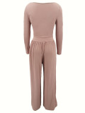 Women's Solid Color Tie-Waist Wide Leg Two-Piece Pants Set