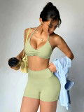 Women Seamless Stretch Yoga Halter Neck Tank Top Yoga Pants Fitness Two-Piece Set