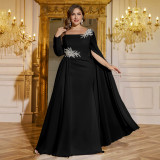 Women's Solid Color Square Neck Long Sleeve Low Back Split Evening Party Gown Dress