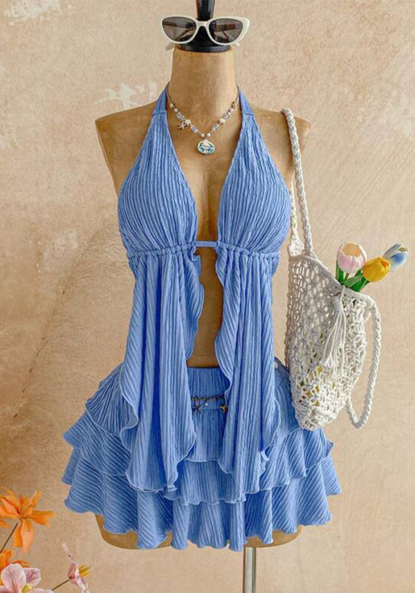 Women's Halter Neck Textured Top and Ruffle Mini Skirt Holiday Two-Piece Set