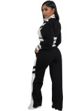 Women's Autumn Winter Contrast Color Zip-Up Top and Long Pants Two-Piece Set