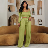Women's Solid Color Tie-Waist Wide Leg Two-Piece Pants Set