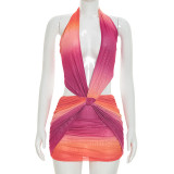 Women Summer Sexy Gradient Print Sleeveless Halter Neck Backless Dress