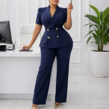 Women Short-Sleeve Turndown Collar Top and Wide-Leg Pants Two-Piece Set