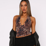 Women Leopard Print Halter Neck Sleeveless Backless V-Neck Camisole