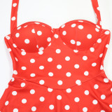 Women Polka Dot Print Halter Neck Backless Romper