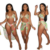 Women Sexy Beach Lace-Up Print Three-Piece Swimsuit