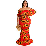 Plus Size Women Summer Sunflower Leaf Print Sexy Dress