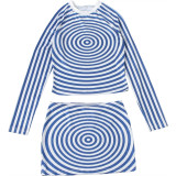 Women Summer Long-Sleeve Striped Round Neck Top and Skirt Two-Piece Set