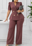 Women Short-Sleeve Turndown Collar Top and Wide-Leg Pants Two-Piece Set