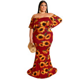 Plus Size Women Summer Sunflower Leaf Print Sexy Dress