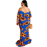 Plus Size Women Summer Sunflower Leaf Print Sexy Dress