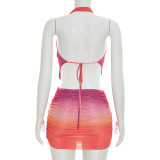 Women Summer Sexy Gradient Print Sleeveless Halter Neck Backless Dress