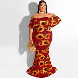 Plus Size Women Summer Sunflower Leaf Print Sexy Dress