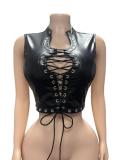 Women Black Lace-Up Pu-Leather Sexy Top