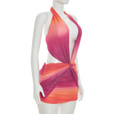 Women Summer Sexy Gradient Print Sleeveless Halter Neck Backless Dress