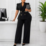 Women Short-Sleeve Turndown Collar Top and Wide-Leg Pants Two-Piece Set