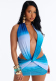 Women Summer Sexy Gradient Print Sleeveless Halter Neck Backless Dress