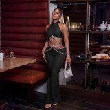 Women Rhinestone Belt Top and Pant Two-Piece Set