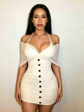 Women French Style Off-Shoulder Mesh Halter Neck Bodycon Dress