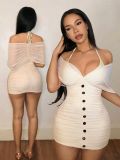 Women French Style Off-Shoulder Mesh Halter Neck Bodycon Dress