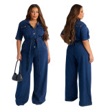 Women Streetchy Short-Sleeve Denim Jumpsuit