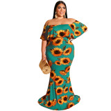 Plus Size Women Summer Sunflower Leaf Print Sexy Dress