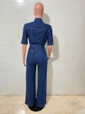 Women Streetchy Short-Sleeve Denim Jumpsuit