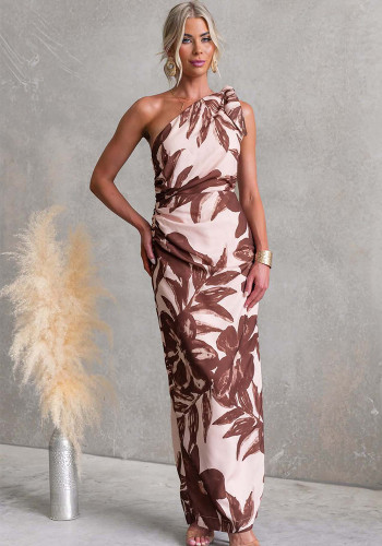 Women Summer Printed One-Shoulder Off-Shoulder Formal Party Maxi Dress