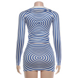Women Summer Long-Sleeve Striped Round Neck Top and Skirt Two-Piece Set