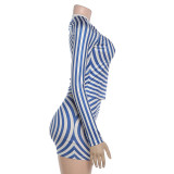 Women Summer Long-Sleeve Striped Round Neck Top and Skirt Two-Piece Set
