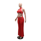 Women Rhinestone Belt Top and Pant Two-Piece Set