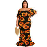 Plus Size Women Summer Sunflower Leaf Print Sexy Dress