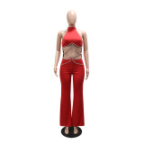 Women Rhinestone Belt Top and Pant Two-Piece Set