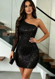 Women summer one-shoulder sequined irregular bodycon dress