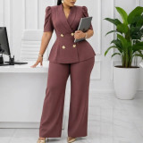 Women Short-Sleeve Turndown Collar Top and Wide-Leg Pants Two-Piece Set