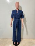 Women Streetchy Short-Sleeve Denim Jumpsuit