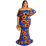 Plus Size Women Summer Sunflower Leaf Print Sexy Dress