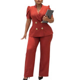 Women Short-Sleeve Turndown Collar Top and Wide-Leg Pants Two-Piece Set
