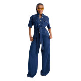 Women Streetchy Short-Sleeve Denim Jumpsuit