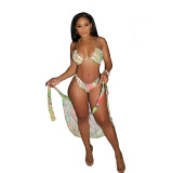 Women Sexy Beach Lace-Up Print Three-Piece Swimsuit