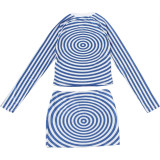 Women Summer Long-Sleeve Striped Round Neck Top and Skirt Two-Piece Set