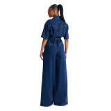 Women Streetchy Short-Sleeve Denim Jumpsuit